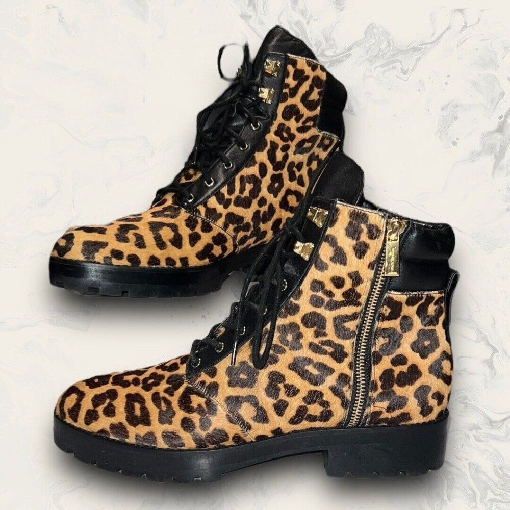 Michael Kors Rosario Cheetah-Print Fur Zip Lace Up Combat Boot Womens Size 11M